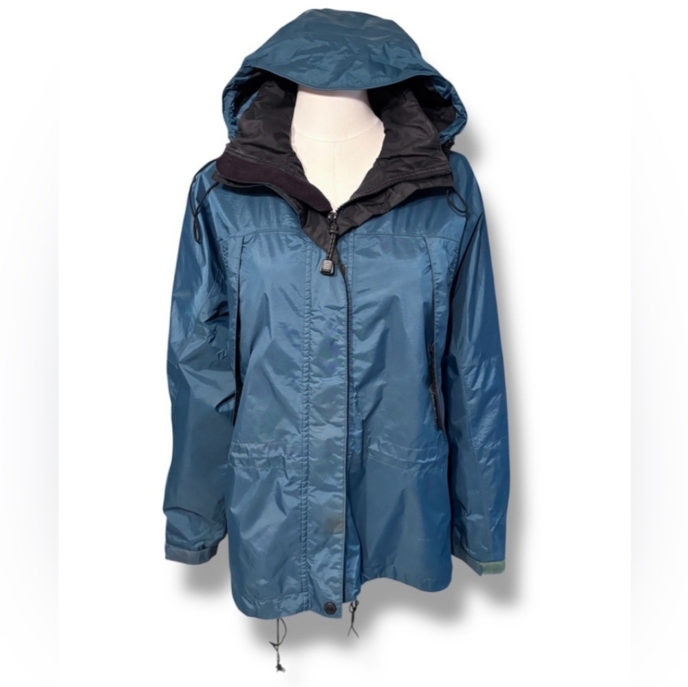 EDDIE BAUER Teal Utility Windbreaker Jacket Packable Hood VINTAGE